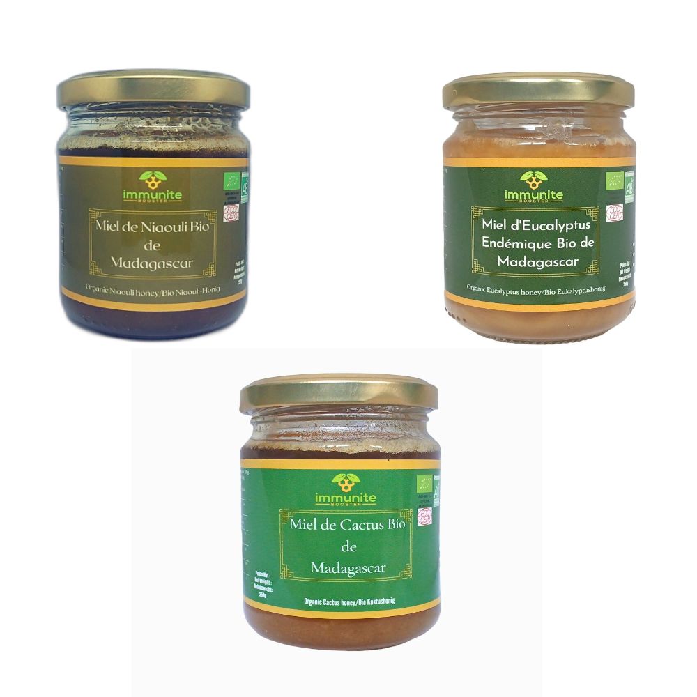 Miels de Madagascar BIO- 3 variétés - Miel BIO d'Eucalyptus Endémique - miel BIO de Niaouli - Miel BIO de Cactus - 750g poids net